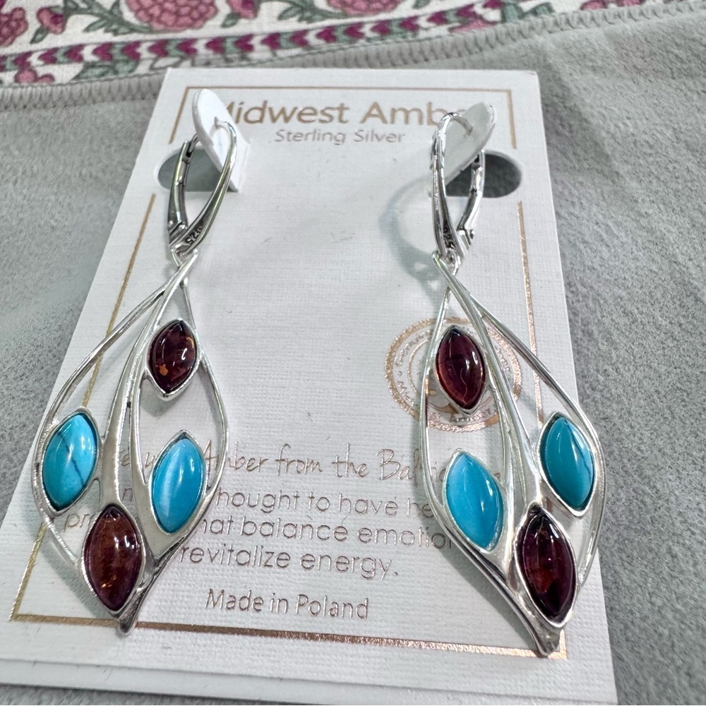 NWT Midwest Amber & Turquoise sterling silver earrings,Western,Southwes,Cowgirl